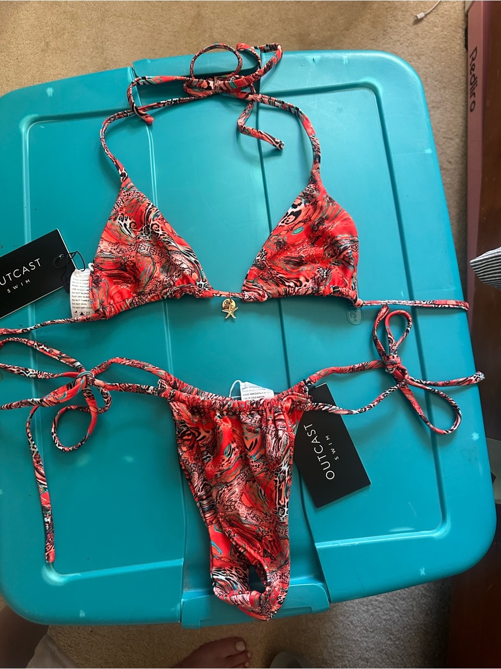 Outcast Swim Red Printed Triangle String Bikini